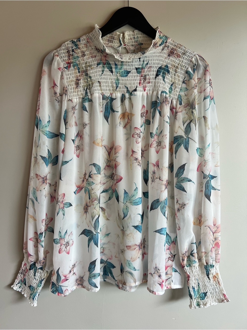 Guilty Floral Smocked Neck Blouse White Pink Blue Long Sleeve Large Sheer Flowy